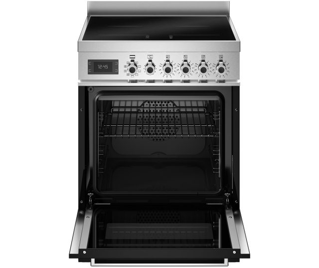 Bertazzoni PRO64I1ENET2 fornuis met geopende ovendeur en uitschuifbare pan eronder