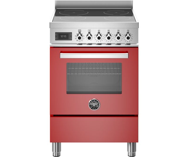 Bertazzoni PRO64I1EROT2 fornuis vooraanzicht met rood front, stalen bovenkant, inductiekookplaat en bedieningsknoppen