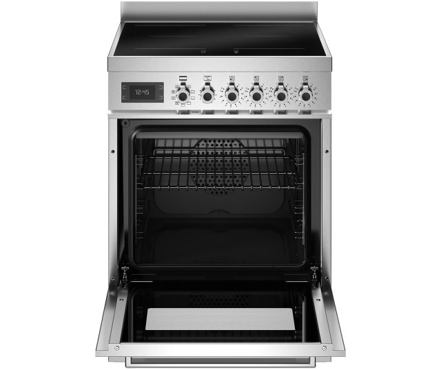 Bertazzoni PRO64I1EXT2 fornuis met geopende ovenruif, zichtbare roosterzijden en lade uitgetrokken