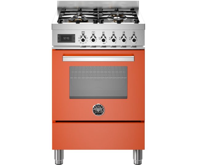 Bertazzoni PRO64L1EART2 fornuis vooraanzicht met rood kastje, zilver bovenbouwkookplaat en grill-ovenkast