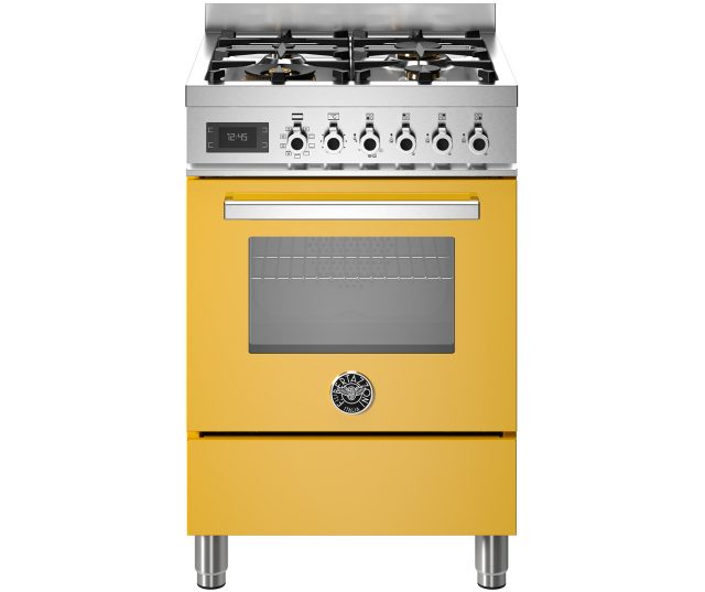 Bertazzoni PRO64L1EGIT2 fornuis, vooraanzicht met gele oven, stalen gasfornuis en bedieningspaneel