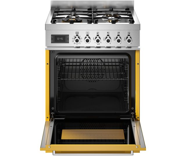 Bertazzoni PRO64L1EGIT2 fornuis met geopende ovendeur, grill en lade zichtbaar