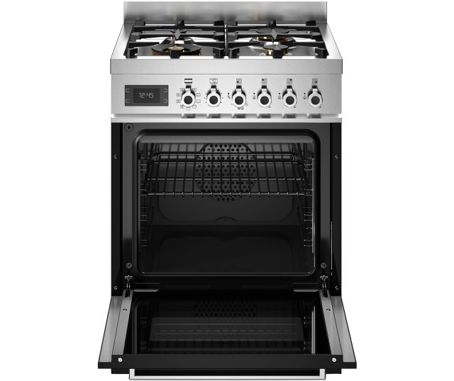 Bertazzoni PRO64L1ENET2 fornuis met geopende oven en uitschuifbare pan