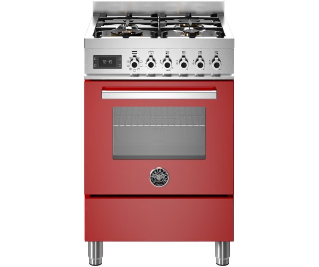 Bertazzoni PRO64L1EROT2 fornuis vooraanzicht met rood onderkast, rvs bovenkast met vier gasvlammen en bedieningspaneel