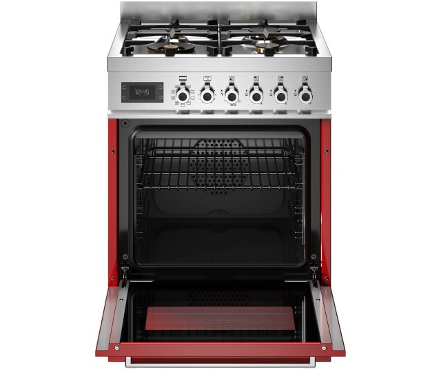 Bertazzoni PRO64L1EROT2 fornuis met geopende ovendeur en onderlade, interieur met zwarte roosters zichtbaar