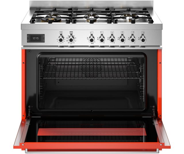 Bertazzoni PRO96L1EART2 fornuis met geopende ovendeur en uitklapbare lade