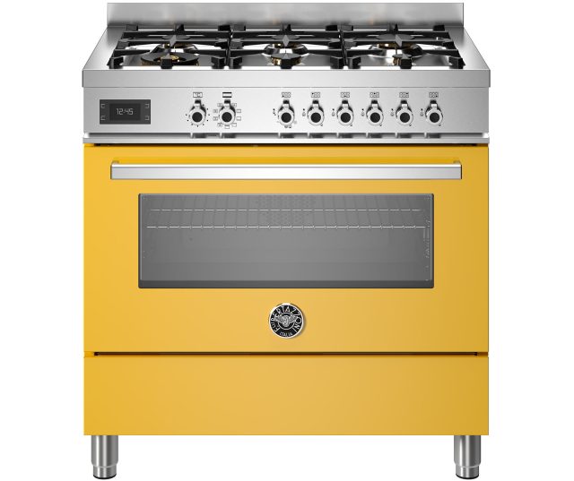 Bertazzoni PRO96L1EGIT2 fornuis vooraanzicht met gele oven, gasfornuis bovenblad met zes branders en bedieningspaneel