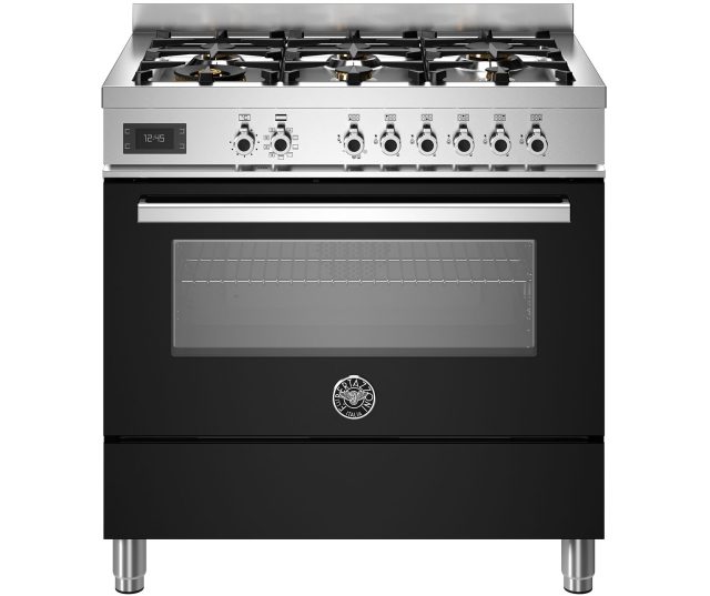 Bertazzoni PRO96L1ENET2 fornuis vooraanzicht met zes gasvlammen, bedieningspaneel en zwart-metallic oven beneden