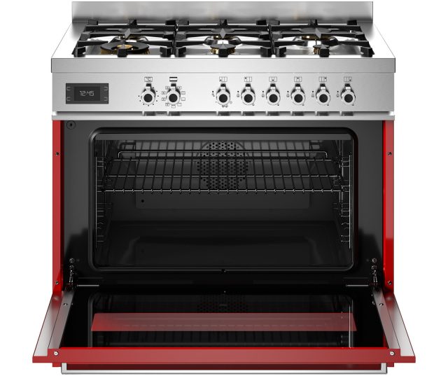 Bertazzoni PRO96L1EROT2 fornuis met geopende ovendeur en uitgetrokken lade, rood kastgedeelte