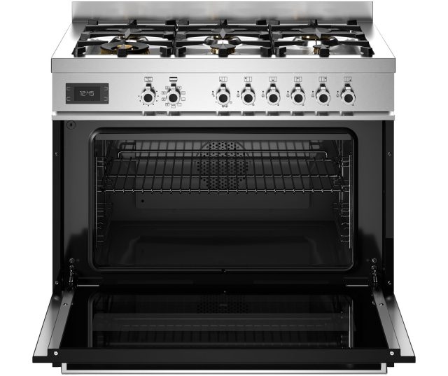 Bertazzoni PRO96L1EROT2 fornuis volledig geopend met ovendeur en lade, zwart kastgedeelte