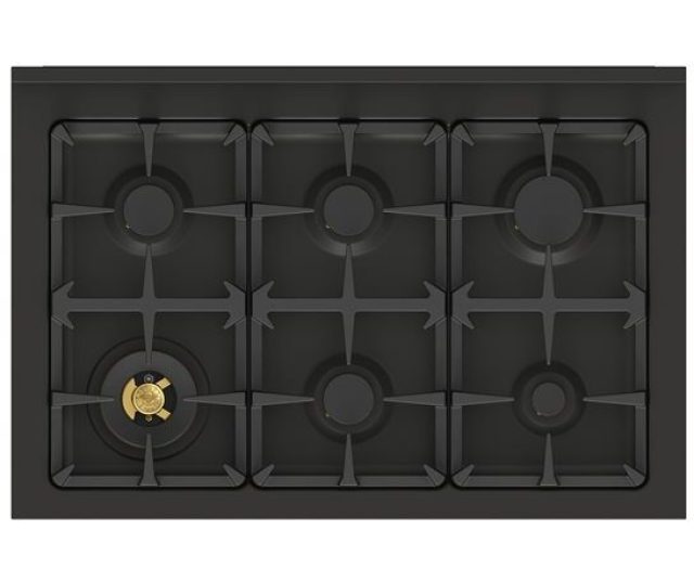 Bertazzoni PRO96L2ECAT2 gasfornuis kookplaat bovenaanzicht met zes branders en gietijzeren roosters