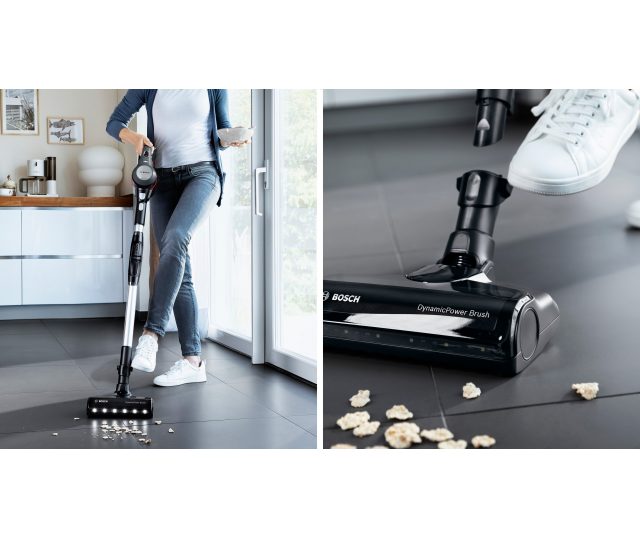 Bosch BBS712A DynamicPower Brush in gebruik op houten vloer en detail zuigmond