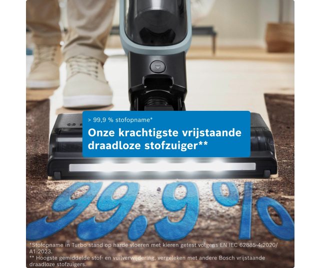 Bosch BCH4SM28 batterijduur van 60 minuten na één lading aangetoond op houten ondergrond