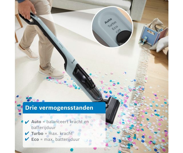 Bosch BCH4SM28 in gebruik op tapijt met confetti ter demonstratie van zuigkracht en manoeuvrabiliteit