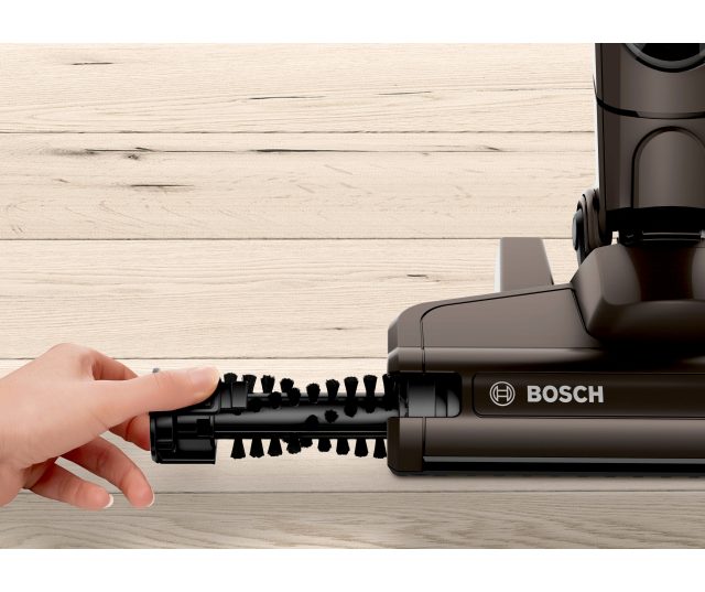 Bosch BCHF2MX16 stofzuiger bovenaanzicht van stofcontainer en handgreep met knoppen