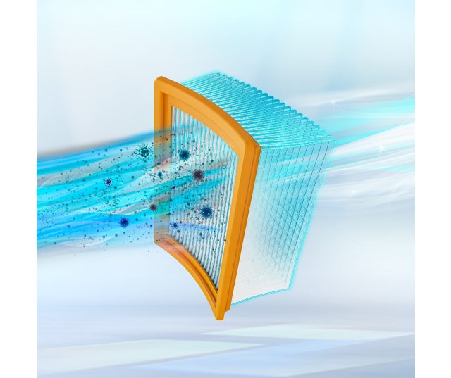 Bosch BGDS2BAL stofzuiger geel filterdetail met blauwe dwarsdoorsnede technische afbeelding