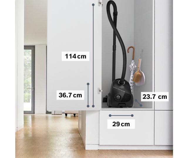 Bosch BGDS2BAL stofzuiger met afmetingen 114 cm hoogte, 36,7 cm breedte en 29 cm diepte aangetoond