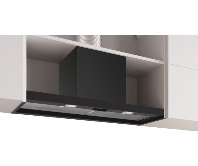 Bosch DBB93BC60 inbouwafzuigkap, vooraanzicht geïntegreerd in keukenkast met zwart front en bedieningspaneel