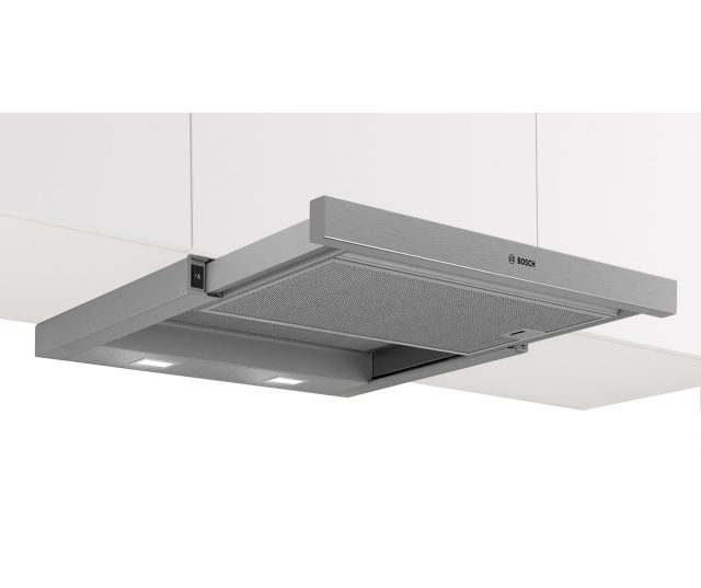 Bosch DFM064W55 afzuigkap perspectief met meshlter en bedieningspaneel zichtbaar
