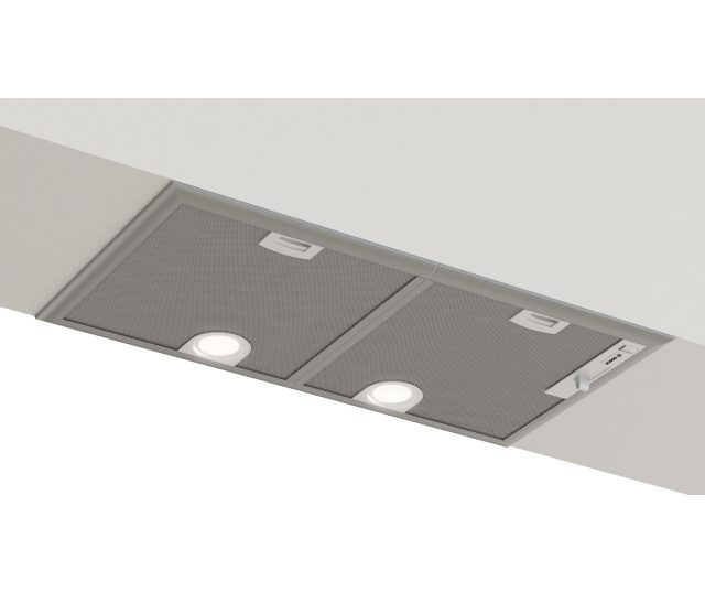 Bosch DHL755BM afzuigkap vooraanzicht met twee metalen filtergrilles en twee LED-verlichting spots
