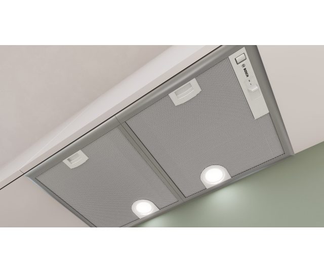 Bosch DHL755BM bovenaanzicht met twee filtergrilles en LED-verlichting ingeschakeld