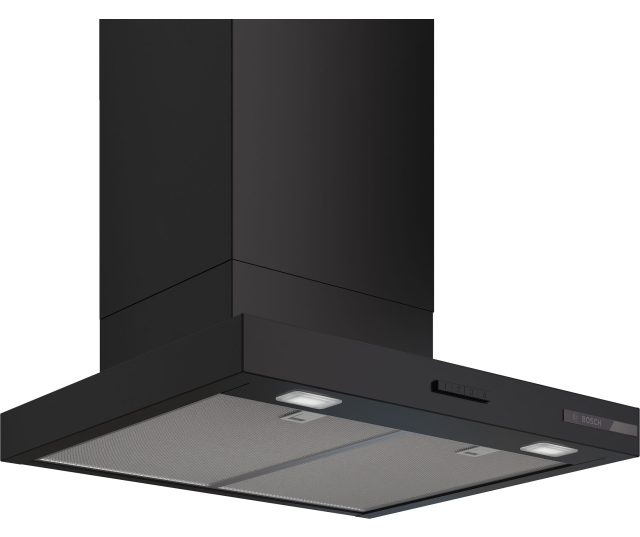 Bosch DWB65CC60 schouwafzuigkap zwart, perspectief met zichtbare filtergaas en LED-verlichting