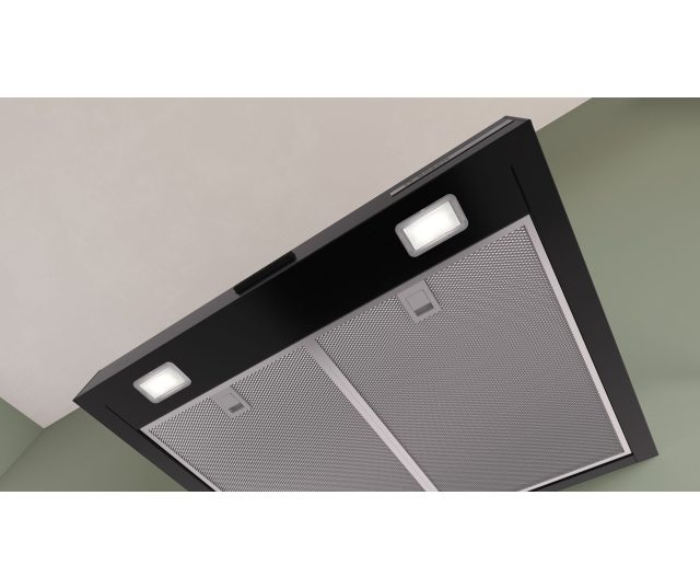Bosch DWB65CC60 afzuigkap detail bovenkant met filtergaas, LED-spots en merk-logo