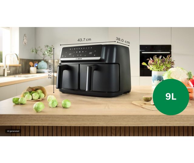 Bosch MAFD440B1 airfryer in moderne keuken met afmetingen 43,7 x 38,0 x 27,5 cm en 9L capaciteit