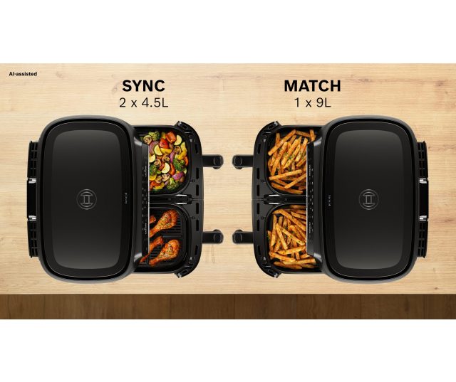 Bosch MAFD440B1 twee kookschoten weergegeven: SYNC links 2x4,5L en MATCH rechts 1x9L met voedsel