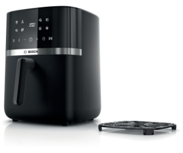 Bosch MAFS2462B airfryer vooraanzicht met bedieningspaneel en meegeleverde frituurmand