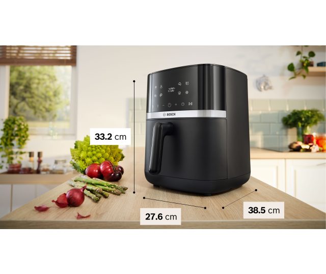 Bosch MAFS2462B airfryer met afmetingen aangegeven: hoogte 33.2 cm, breedte 27.6 cm, diepte 38.5 cm