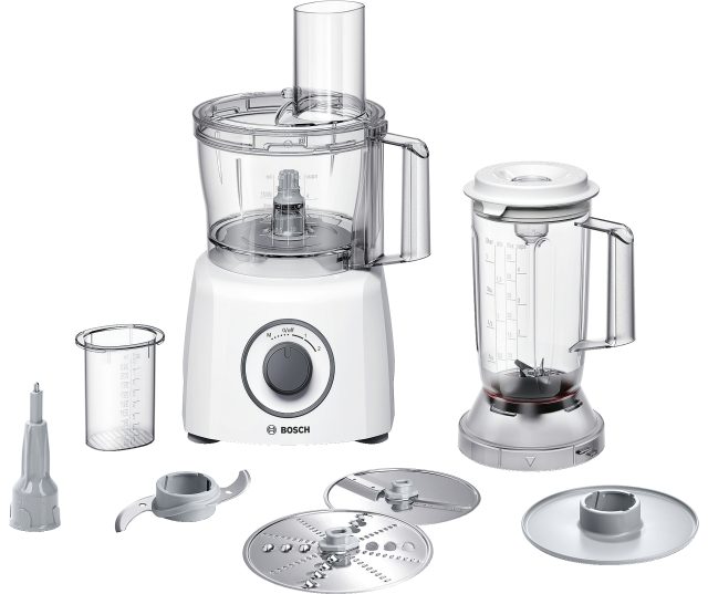 Bosch MCM3200W keukenmachine met toebehoren; vooraanzicht complete set met werkschalen, messen en blender- en sapcentrifugekan