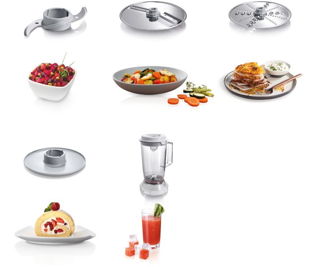 Bosch MCM3200W keukenmachine toepassingen; gehakte biet, gesneden groenten, gepaneerde schnitzel en fruitsalade