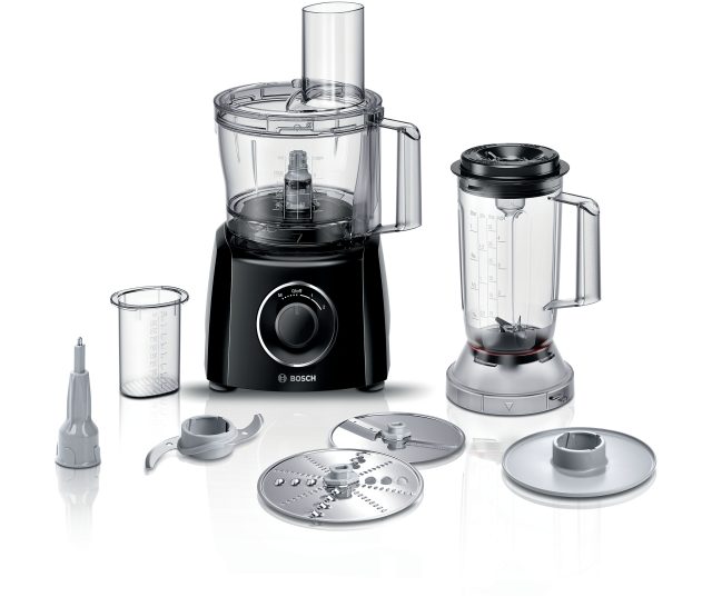 Bosch MCM3201B keukenrobot met accessoires, vooraanzicht volledig systeem met korven, blender en schijven