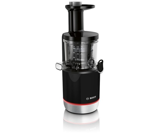 Bosch MESM731M slow juicer vrijstaand van opzij met transparante sapcontainer zichtbaar