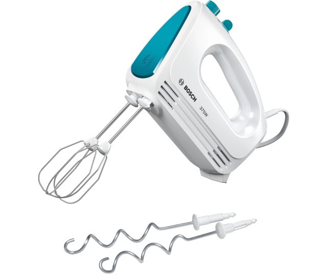 Bosch MFQ2210D handmixer 375W vooraanzicht met klopper en deeghaken getoond