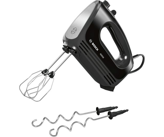 Bosch MFQ2420B handmixer 400W vooraanzicht met grijper en twee mengkloppen ernaast