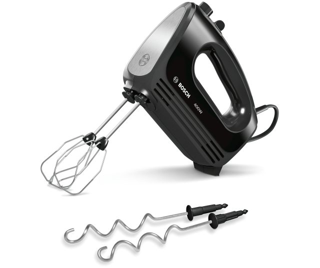 Bosch MFQ2420B handmixer 400W schuin zijkant met grijper en twee mengkloppen