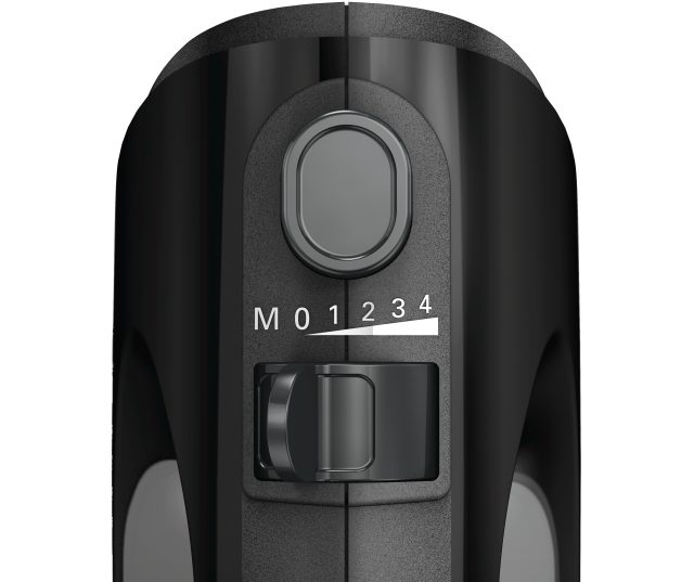 Bosch MFQ2420B handmixer bovenaanzicht bedieningspaneel met snelheidsschuif M0 tot 4