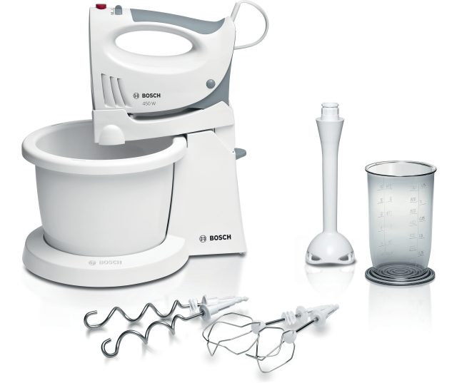 Bosch MFQ3561W handmixer met mengkom, garde, klopper en accessoires in overzichtsfoto