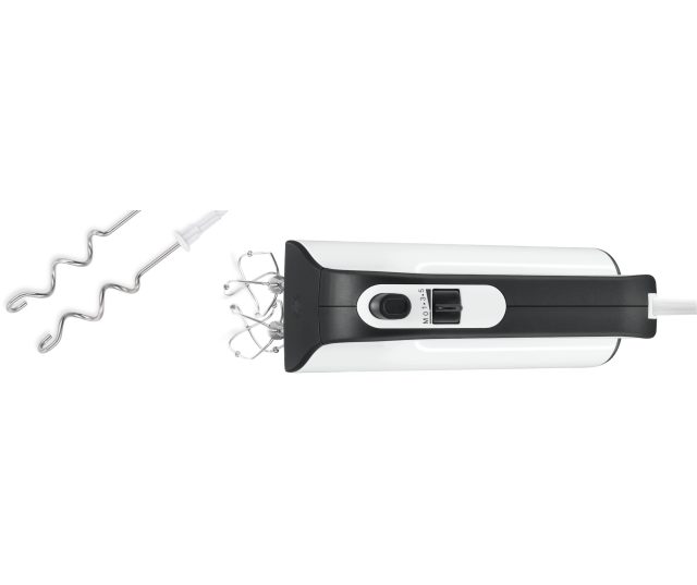 Bosch MFQ4020 handmixer bovenaanzicht met bedieningspaneel, snelheidsschuif en twee spiraalvormige doughwraakaccessoires