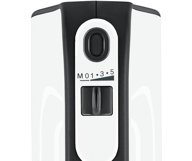 Bosch MFQ4020 handmixer voorpaneel met snelheidsschuif M01-3-5 en ruitvormig schakelvak gedetailleerd