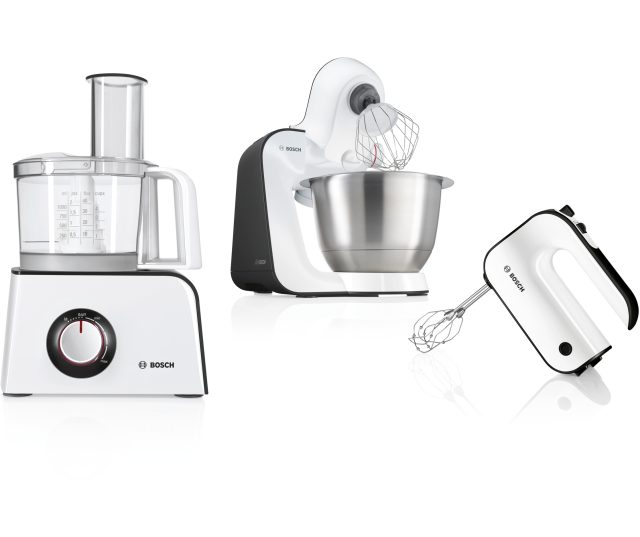 Bosch MFQ4020 handmixer in kitchenset met keukenmachine, mengkom en accessoires