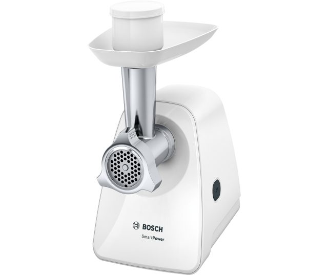 Bosch MFW2500W SmartPower vleesmolen vooraanzicht met ingrediëntenbak, maalsysteem en afzuigschaal