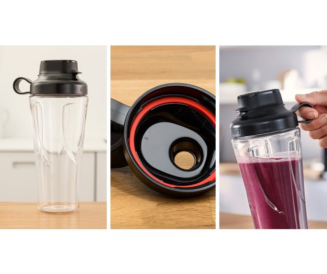 Blender mengbeker met kunststof dop, roestvrij mengmes in detail en smoothie-to-go beker apart