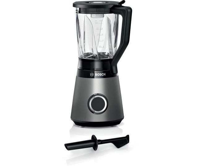 Bosch MMB6172S blender vooraanzicht met glazen kan, maatregel-aanduidingen, zwarte motorkap en bediening-draaiknop