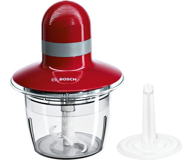 Bosch MMR08R2 keukenmachine vooraanzicht met rode motor, transparante kom en accessoires