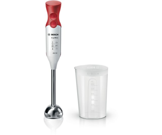 Bosch MSM64110 ErgoMixx staafmixer vooraanzicht met bedieningspanelen en mengbeker op witte achtergrond