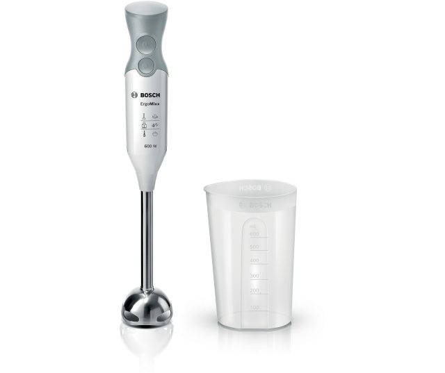 Bosch MSM66110 ErgoMixx staafmixer met meetbeker, vooraanzicht met bedieningspanelen en accessoires
