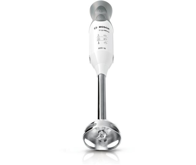 Bosch MSM66110 staafmixer volledige zijde aanzicht met mengvoet geïsoleerd